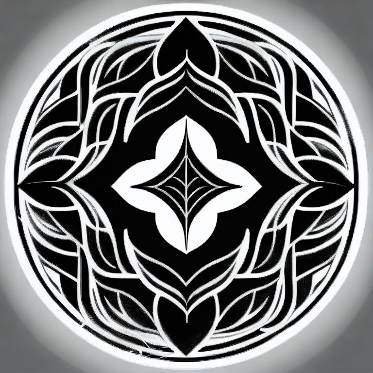 Symmetrical black and white mandala design with leaf-like patterns