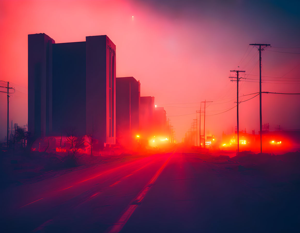 Vibrant neon urban scene with silhouetted buildings at dusk