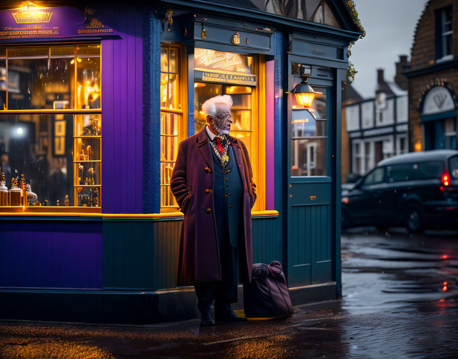 Elderly person in maroon coat by vibrant blue and yellow storefront