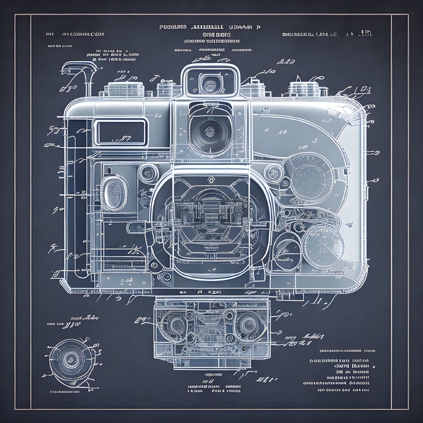 Detailed Blueprint Illustration of Vintage Camera with Annotations