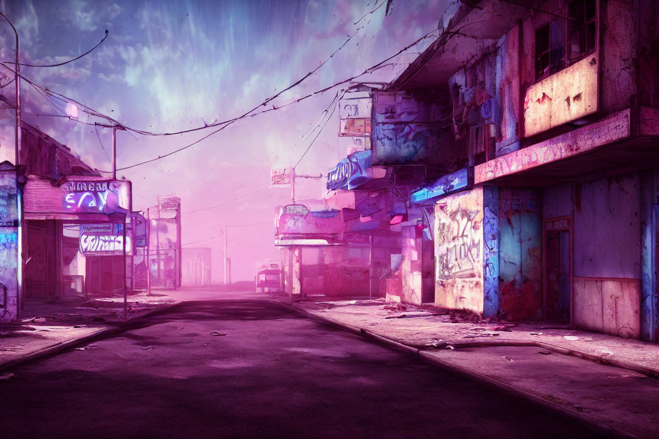 Desolate Street with Graffiti and Pink Sky at Dawn or Dusk