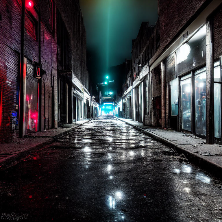 Deserted urban alley at night with wet pavement and glowing buildings.