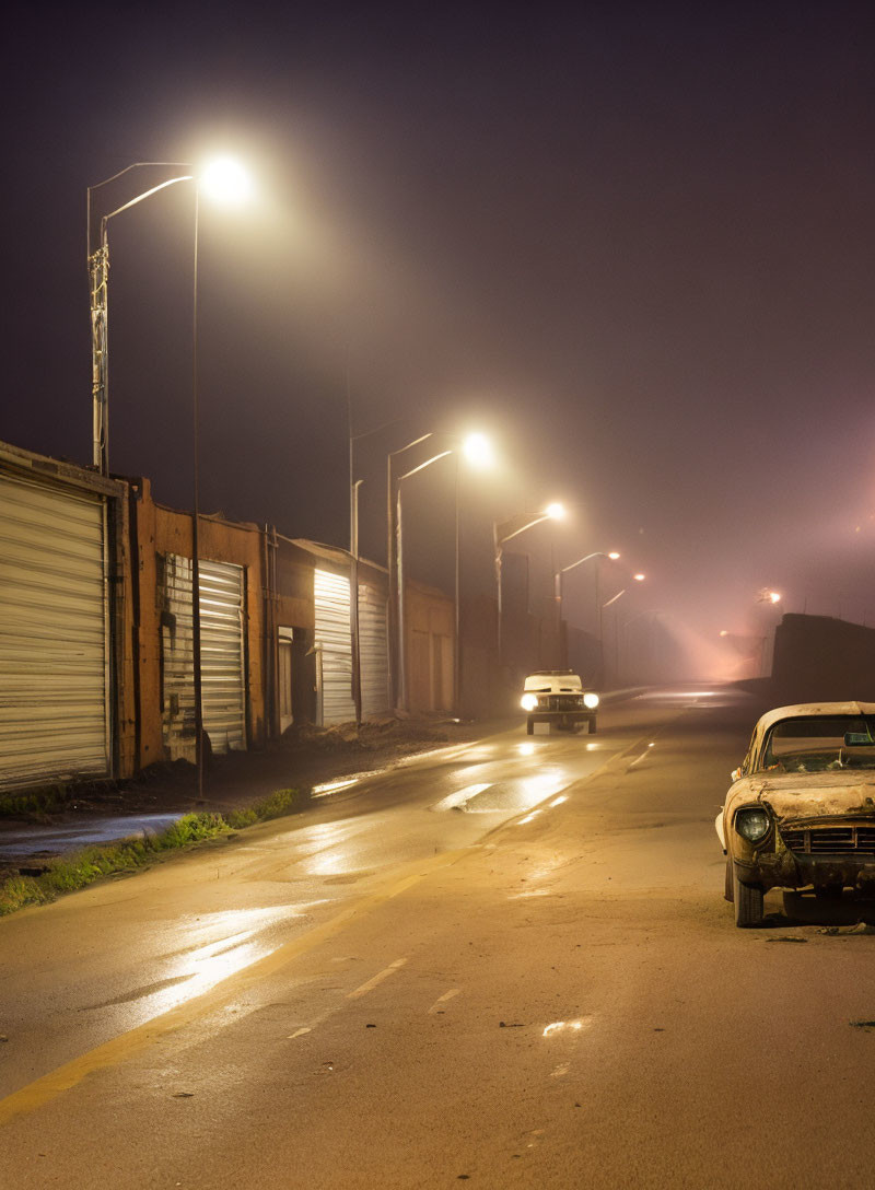 Misty Night Street Scene with Glowing Streetlights