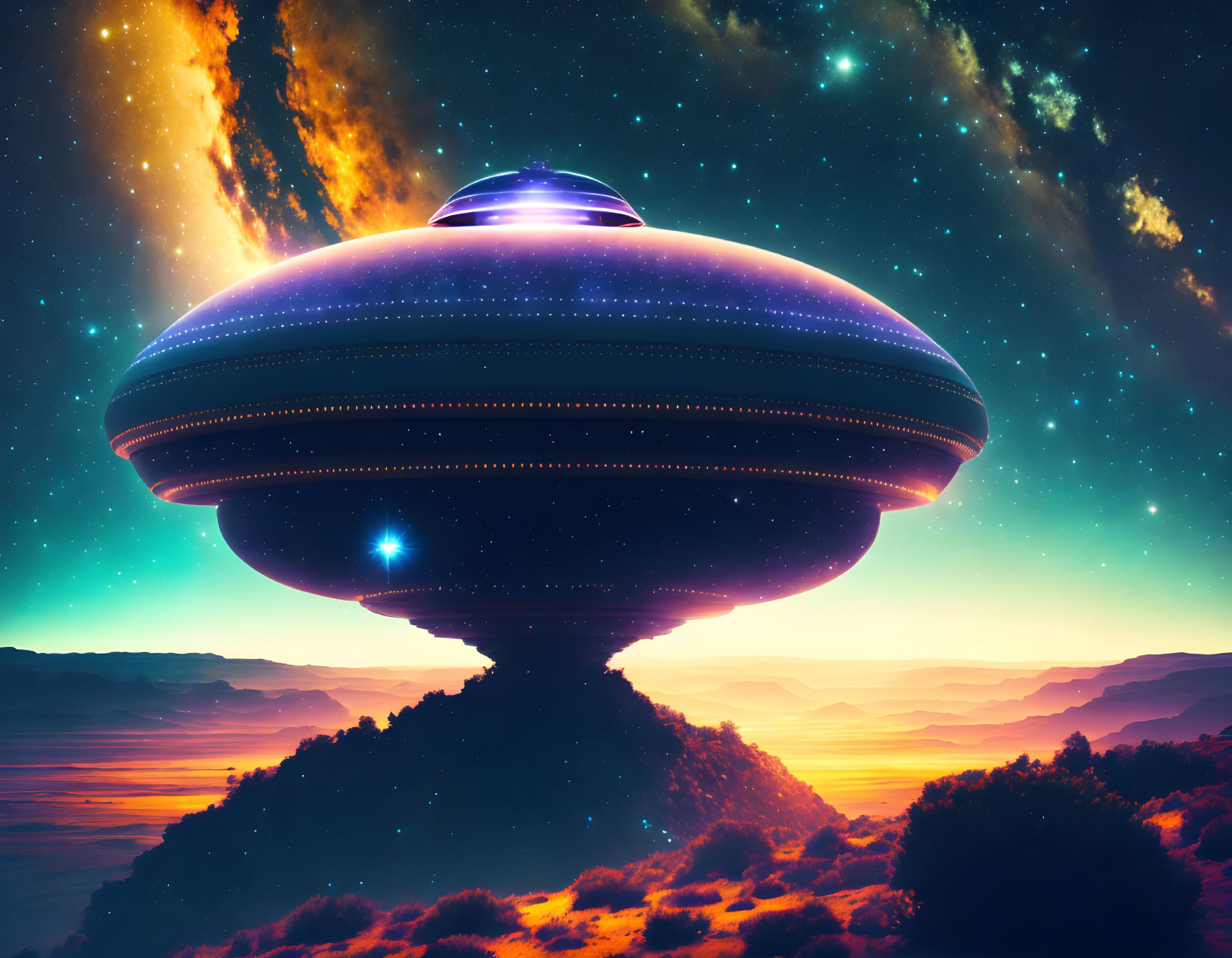 Futuristic UFO hovering over vibrant sunset landscape