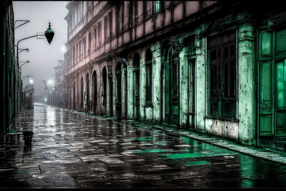 Desolate street scene with wet cobblestones and vintage storefronts