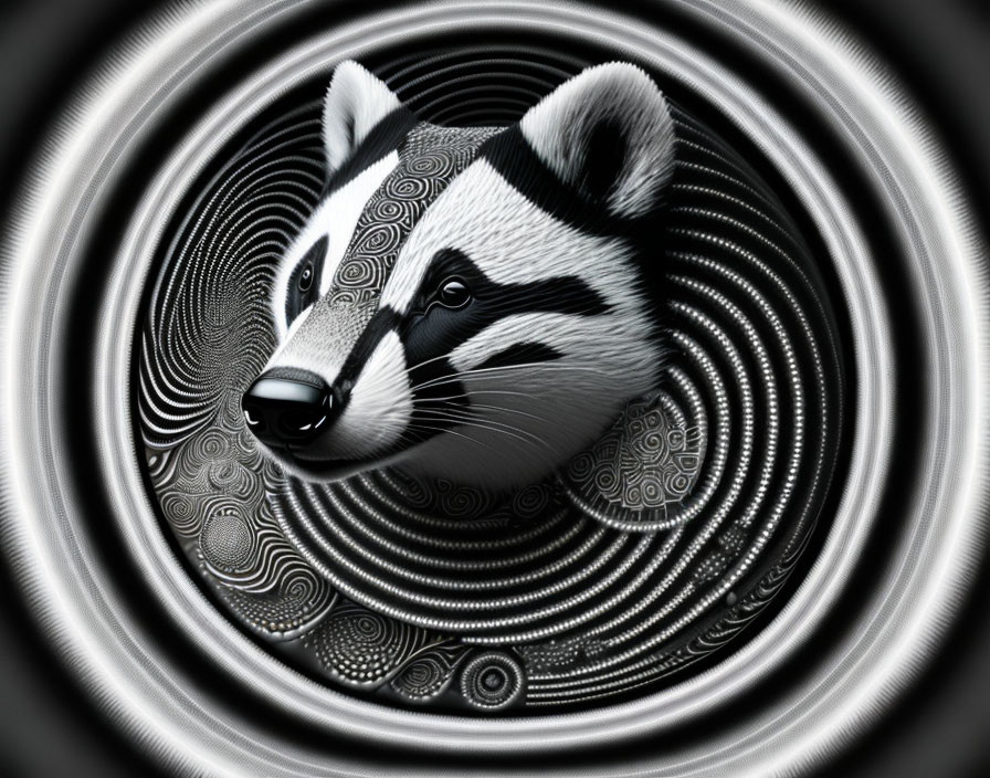 Monochrome badger with swirling patterned background