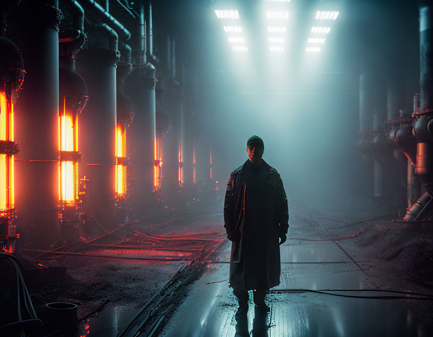 Person in coat in industrial area with glowing red lights and haze