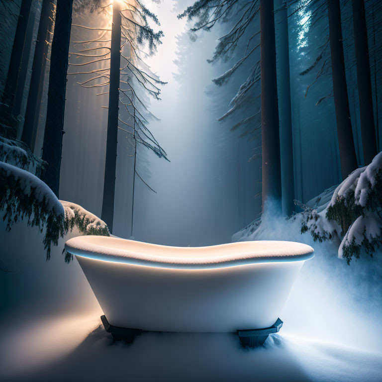 Claw-Foot Bathtub in Snowy Forest with Ethereal Lighting