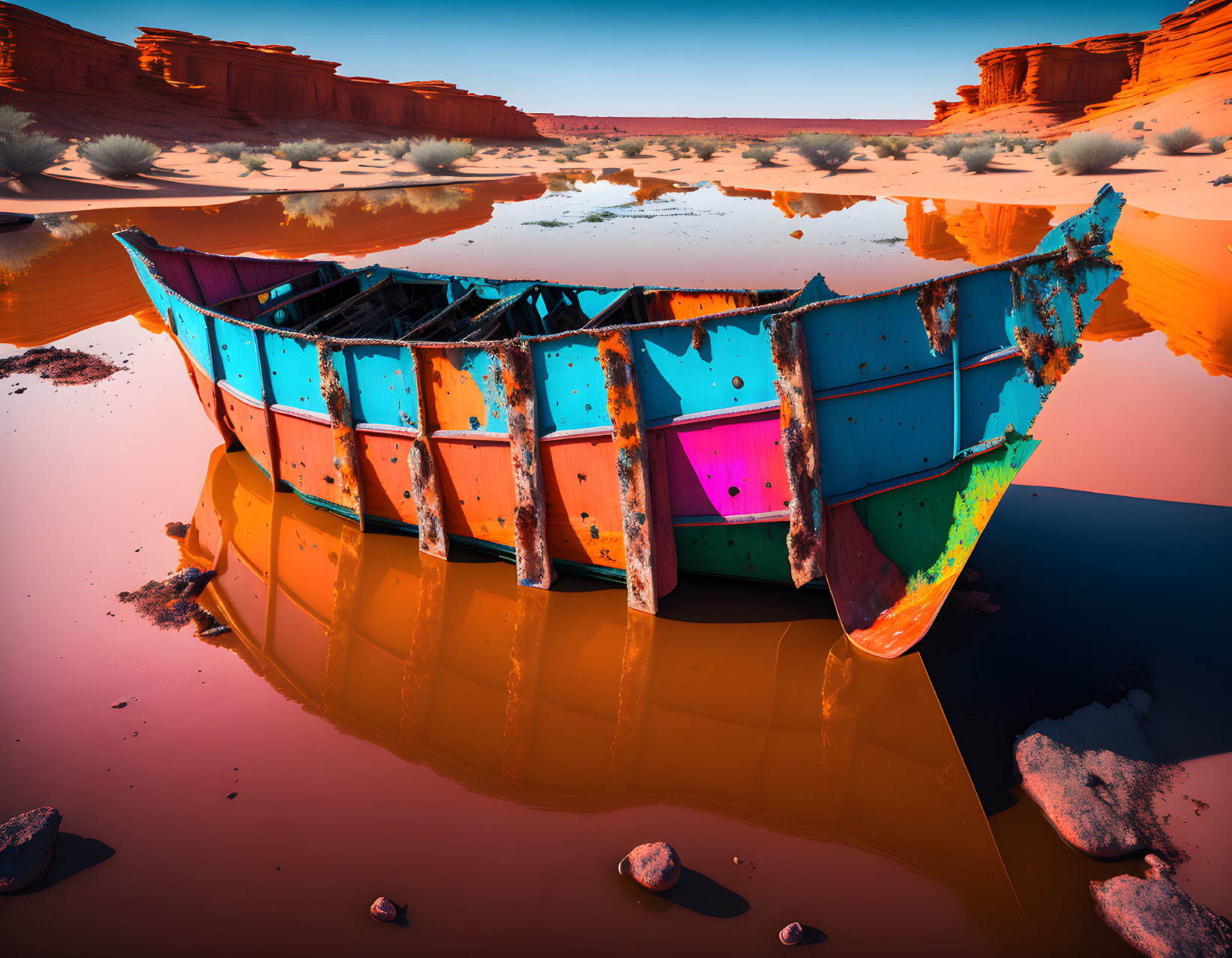 Abandoned multicolored boat in desert oasis with red sandy terrain