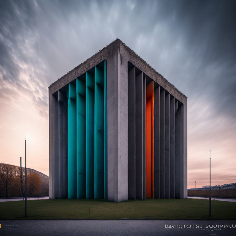 Modern Building with Blue and Orange Vertical Panels Against Dramatic Dusk Sky