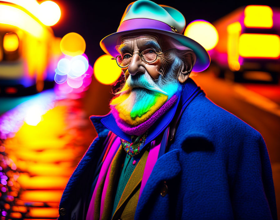 Elderly man in colorful attire on vibrant nighttime street