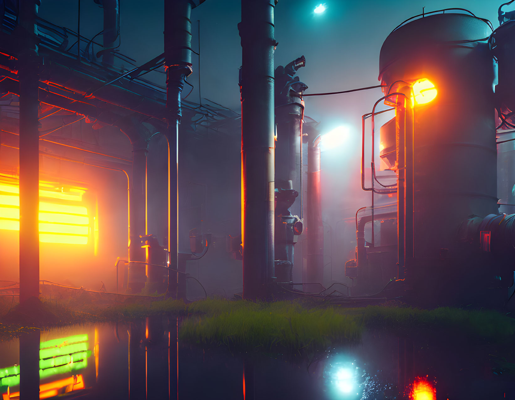 Futuristic industrial site with neon lights, mist, reflections, pipes, and tanks at dusk