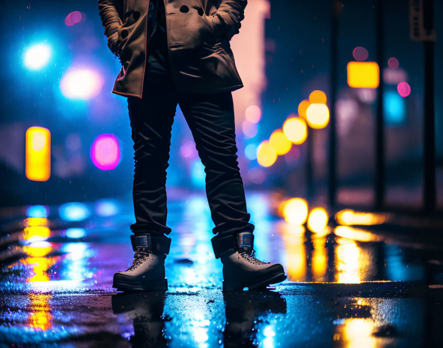 Figure standing on wet night street with blurred city lights.