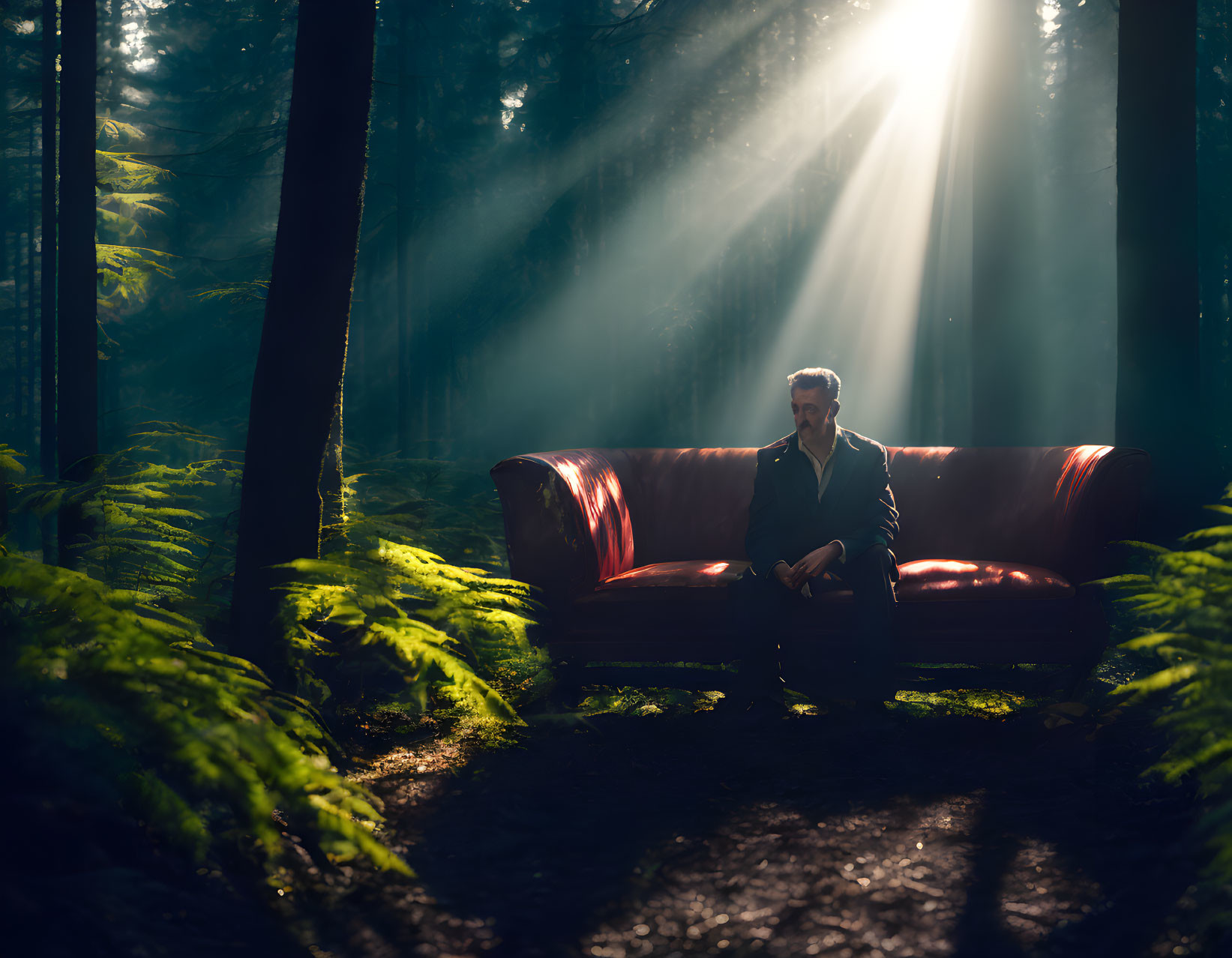 Person sitting on red couch in misty forest with sunbeams.