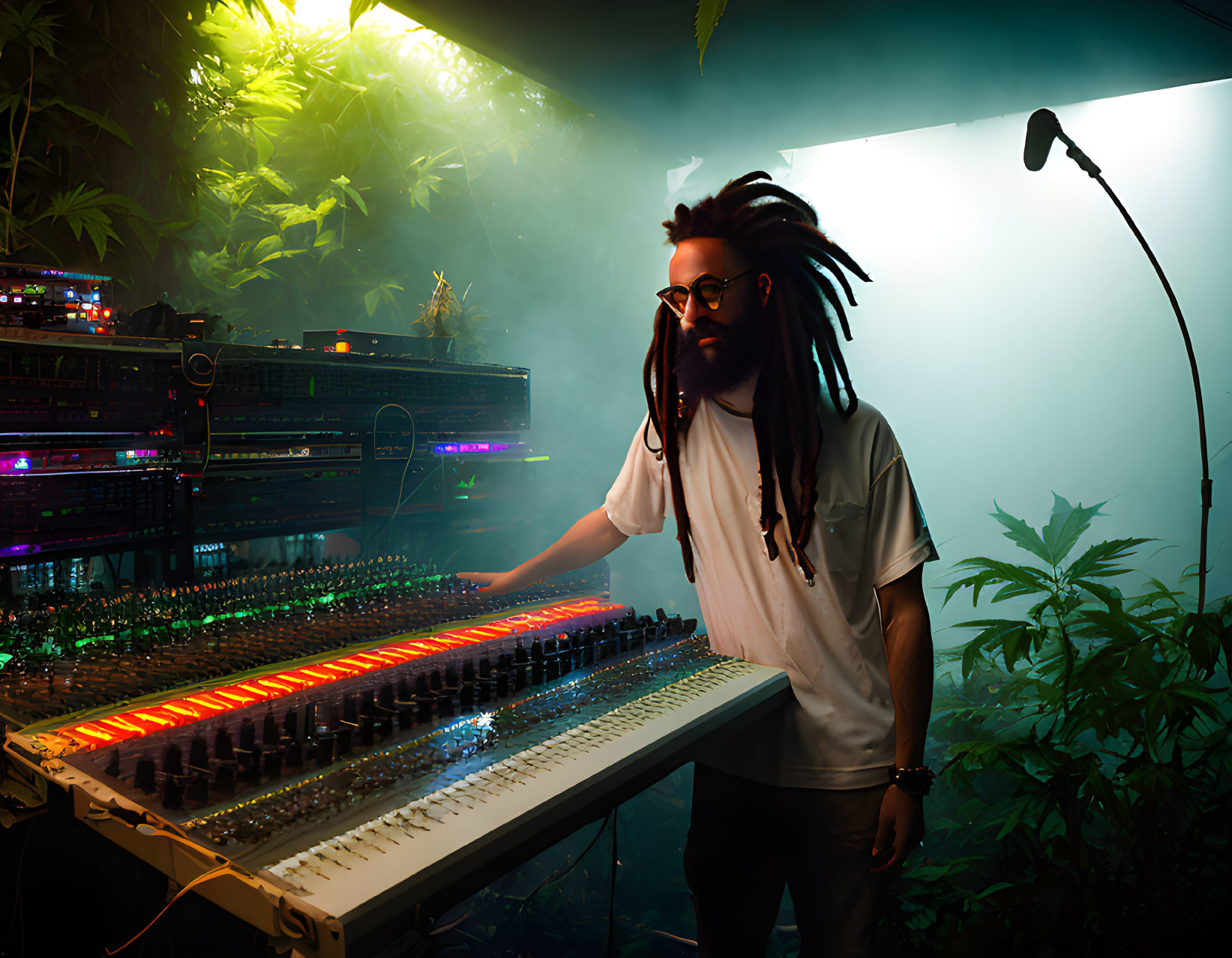 Person with dreadlocks at sound mixing console in ambient room.