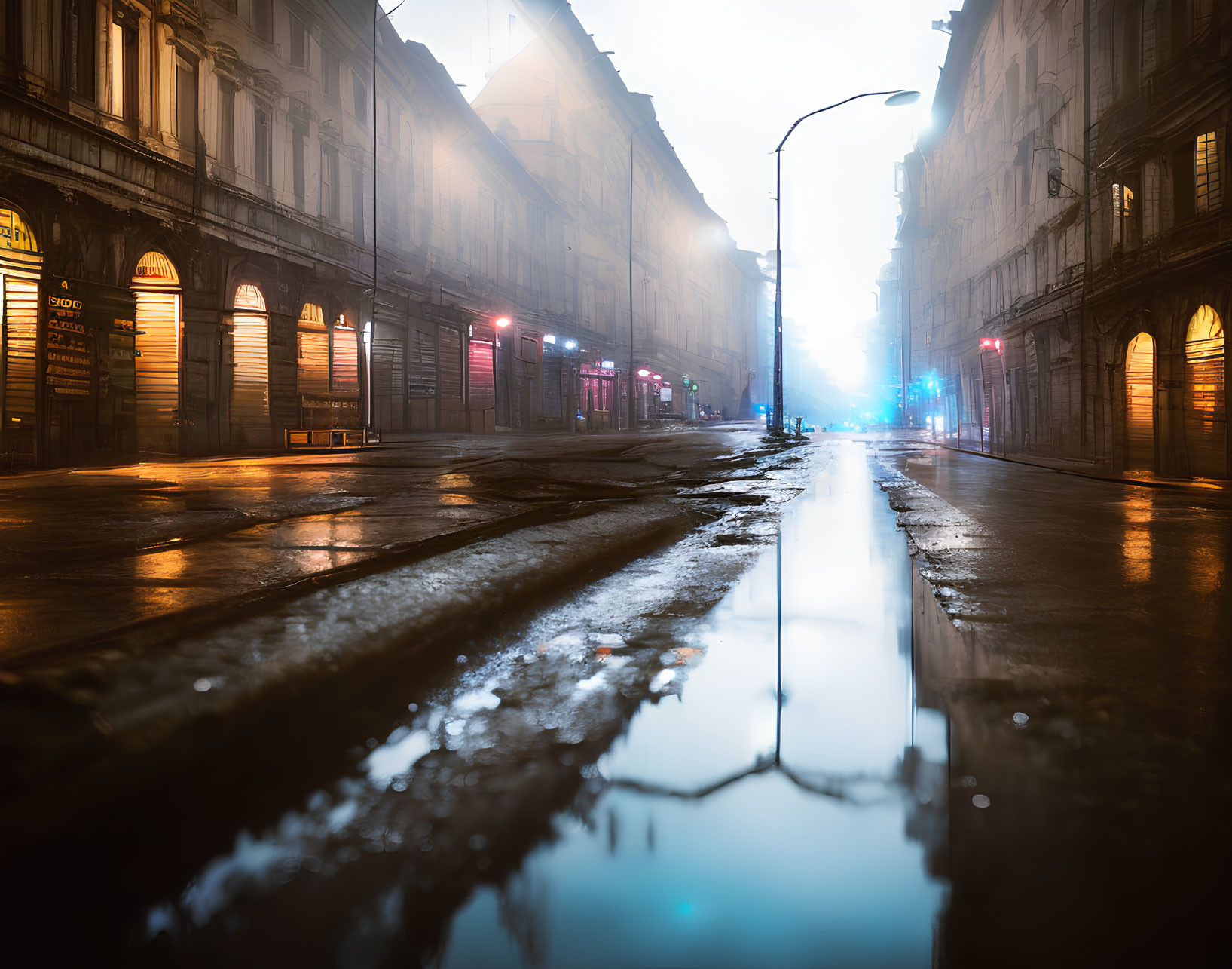 Twilight urban street with neon signs and reflections