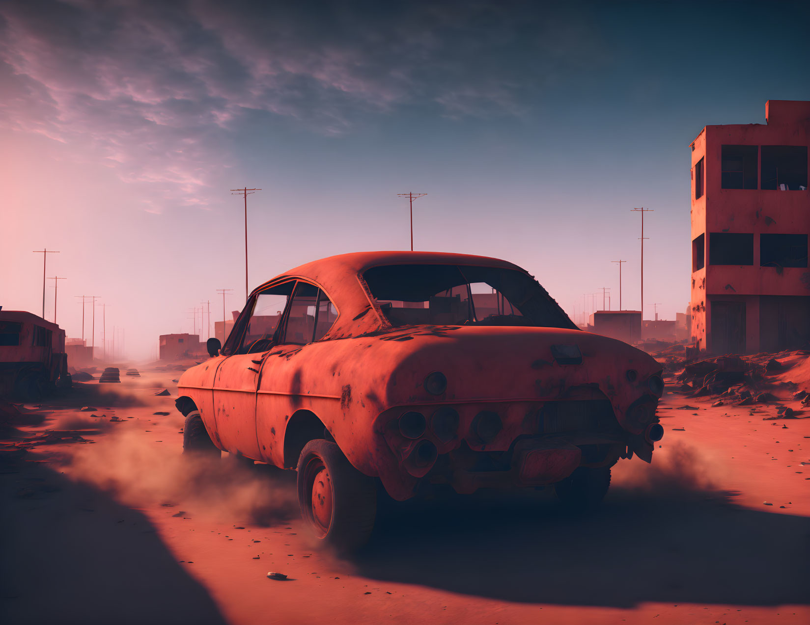 Abandoned car in post-apocalyptic setting with ruined buildings and red sky