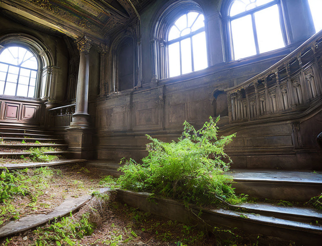 Abandoned interior overtaken by ferns and vines with sunbeams through arched windows