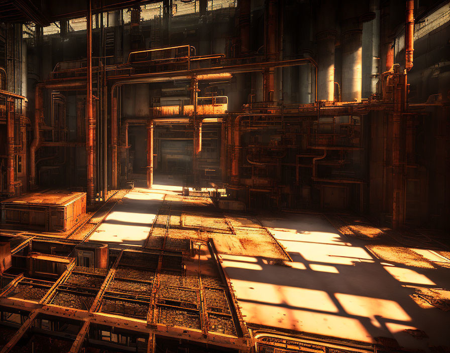 Deserted industrial space with tall columns and scattered crates in warm sunlight.