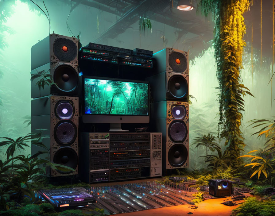 Modern home DJ setup with audio equipment, indoor plants, and cozy lighting