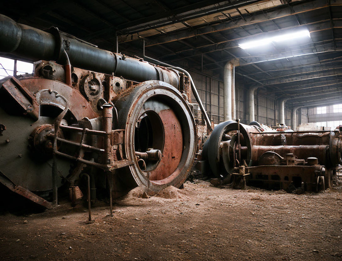 Abandoned industrial machine in old factory with large windows