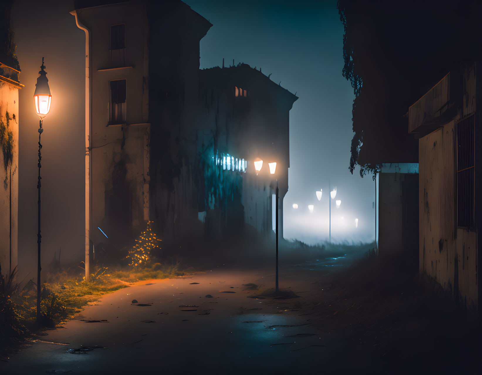 Misty nighttime street scene with illuminated lampposts and dark buildings