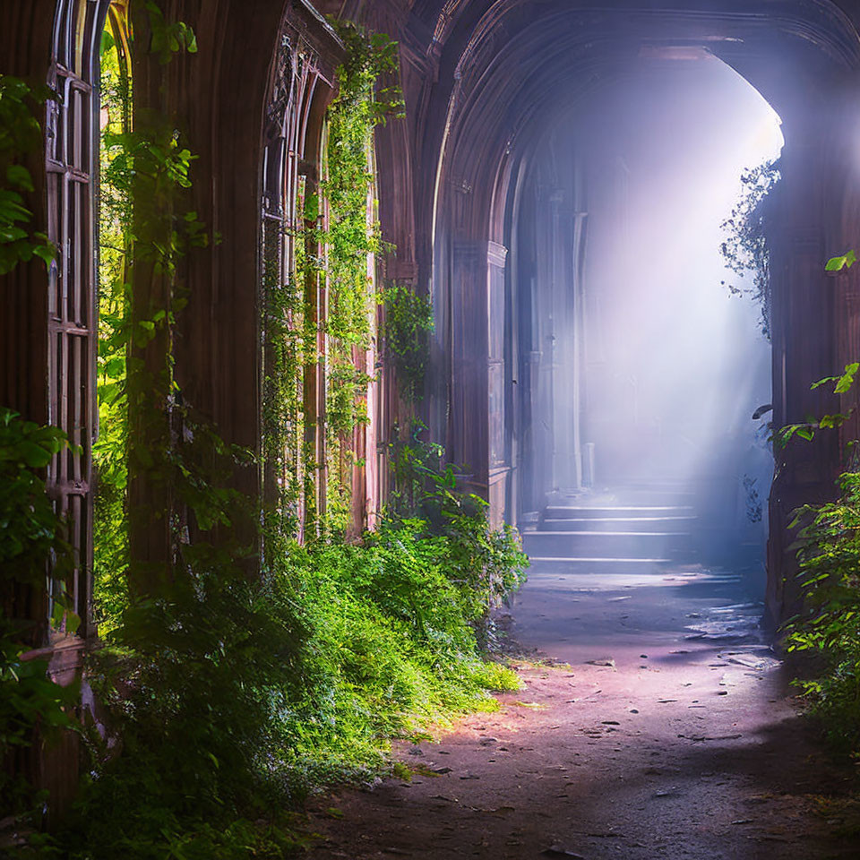 Sunlit Overgrown Corridor in Abandoned Building with Light Rays and Dense Foliage