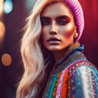 Pastel Pink-Haired Woman in Sequined Jacket and Headband Gazes at Camera