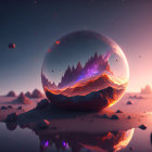 Crystal Ball with Mountain Range in Twilight Landscape and Starry Sky