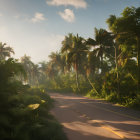 Tropical sunrise: winding road, palm trees, misty glow