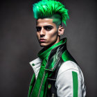 Vibrant green hair person in green & white leather jacket on dark background