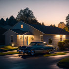 Vintage car parked by illuminated single-story house at twilight