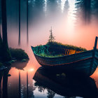 Mystical boat on tranquil lake in misty forest glow