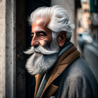 Elderly man with white beard and glasses in winter coat on city street