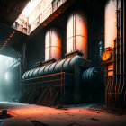 Industrial scene with large tanks and pipes in moody lighting