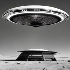 Futuristic UFO hovering above modern structure in barren landscape