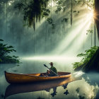 Tranquil lake scene with person in canoe and sunbeams filtering through mist