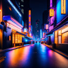 Neon-lit street scene with solitary figure at night