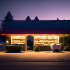 Cozy bakery illuminated at twilight with purple sky