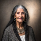 Elderly woman with gray hair and earrings smiling in white blouse and necklace