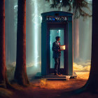 Man in Suit Holding Glowing Book in Forest Telephone Booth