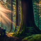 Person sitting on bench in lush forest under warm sunbeams