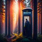 Man in suit in ornate phone booth in mystical forest at sunrise.