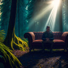 Person sitting on red couch in misty forest with sunbeams.