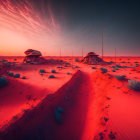 Surreal Red Landscape with Deserted Buildings and Blue Light