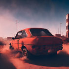 Abandoned car in post-apocalyptic setting with ruined buildings and red sky