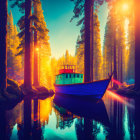 Tranquil forest lake with blue boat under sunset hues