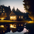 Peaceful Two-Story House Reflecting on Pond at Dusk