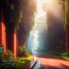 Mystical alley with lanterns, greenery, and brick walls