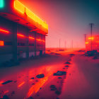 Neon-soaked street in foggy dystopian setting with glowing signs.